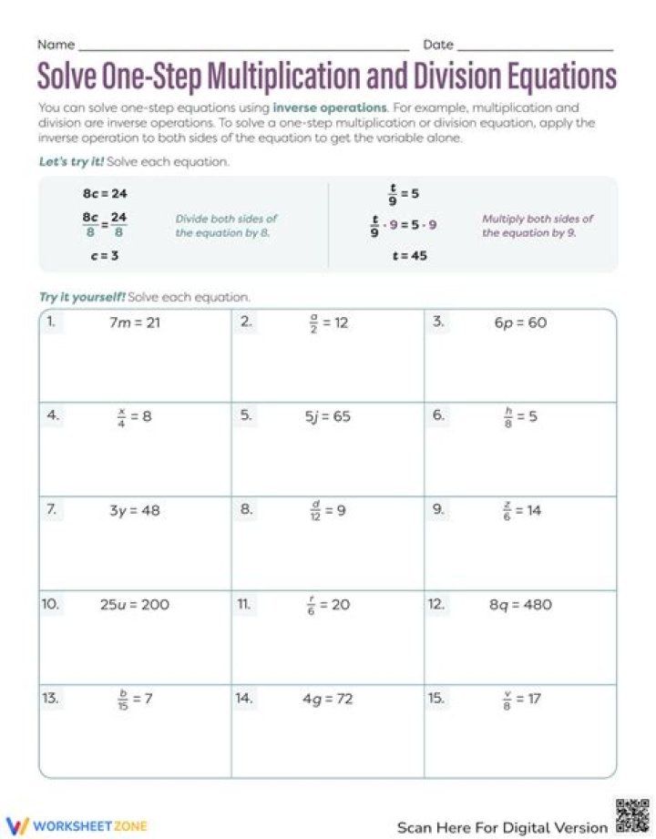 Free PDF Worksheet: Solving One-Step Equations with Multiplication & Division