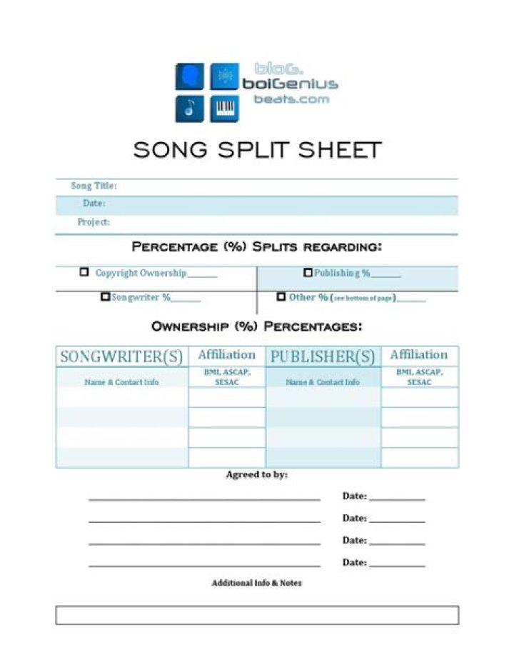 Download Free Song Split Sheet PDF Template