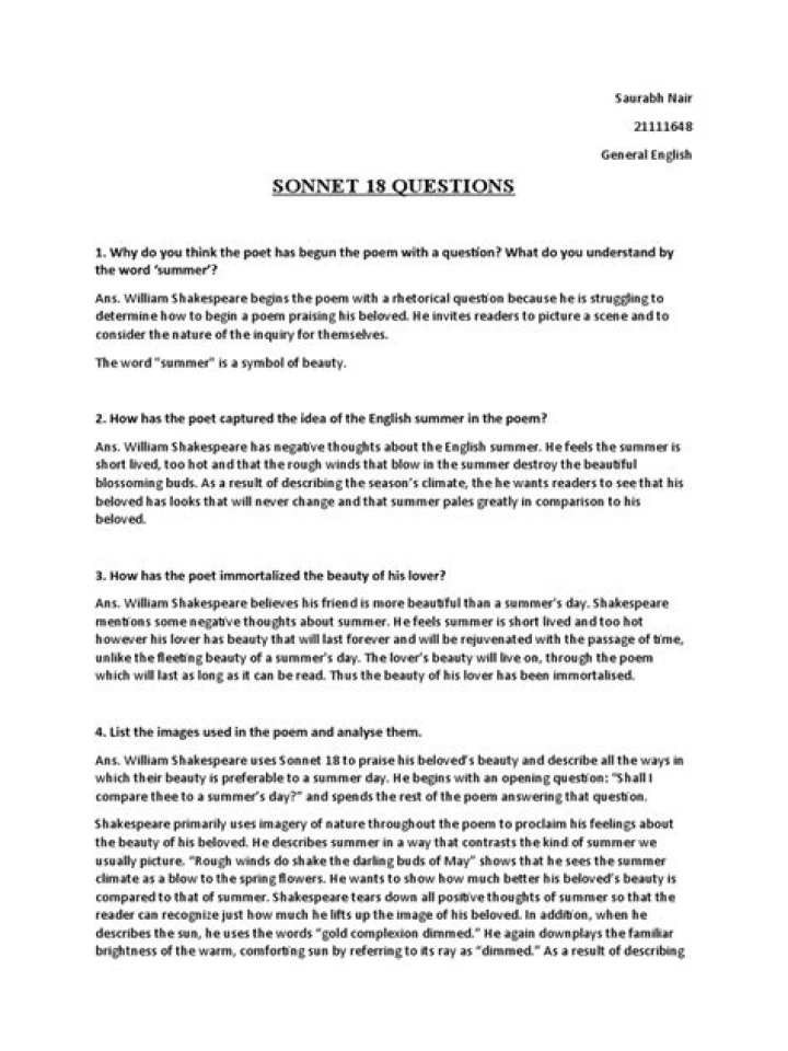 Sonnet 18: Shakespeare’s Masterpiece – Key Questions & Answers in PDF