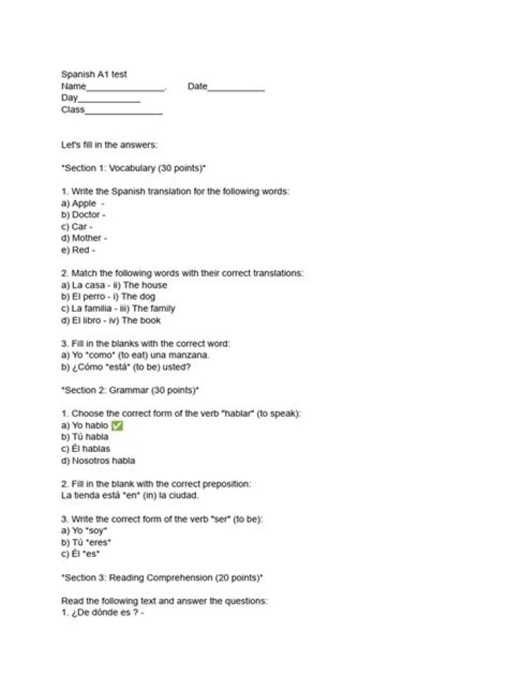 Free Spanish A1 Test PDF – Perfect for Beginners