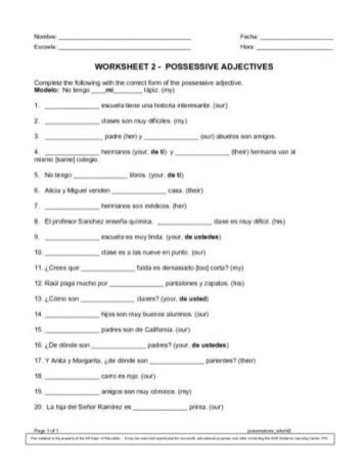 Free Spanish Adjectives Worksheet PDF Answers for Students