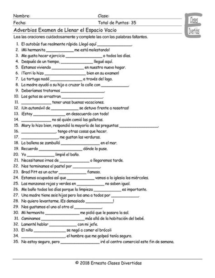 Free Spanish Adverbs Worksheet PDF for ESL Students