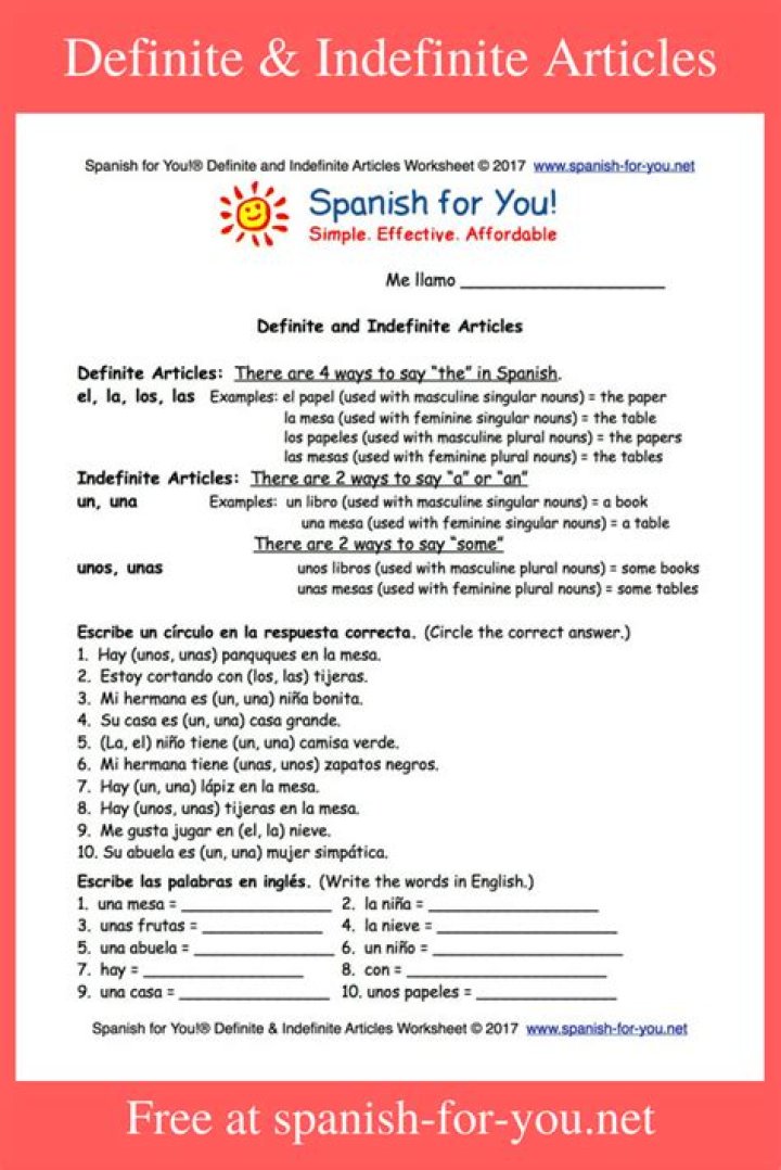 Spanish Articles Worksheet PDF: Free Downloadable Worksheets for Learning