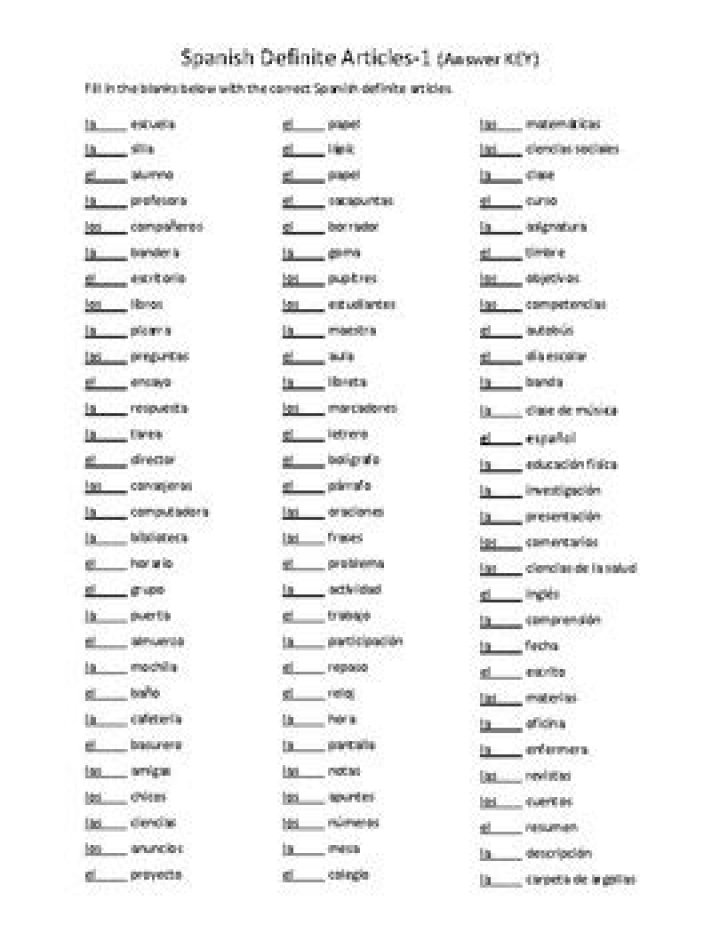 Free Spanish Definite & Indefinite Articles Worksheets PDF – Download Now