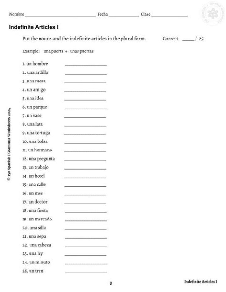 Spanish Definite & Indefinite Articles Worksheets with Answers PDF