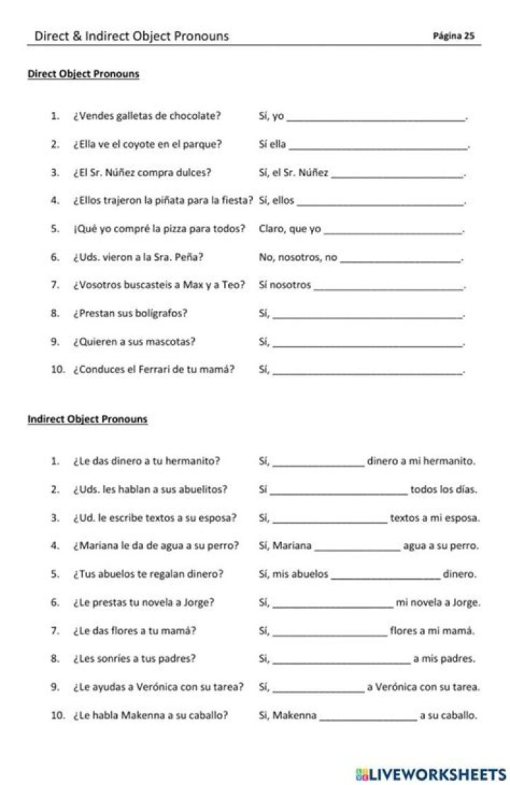 Spanish Indirect Object Pronouns Worksheet PDF – Free Practice Exercises