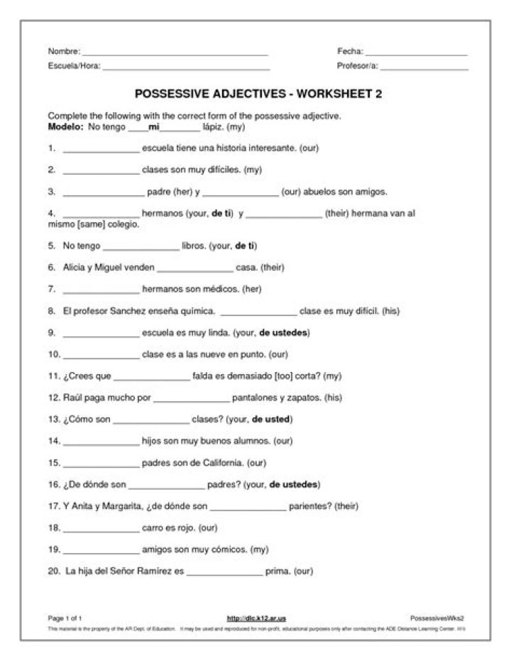 Spanish Possessive Adjectives Worksheet PDF – Perfect for Language Learners