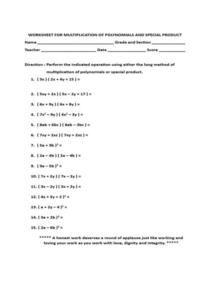 Free Special Products Worksheet PDF Download