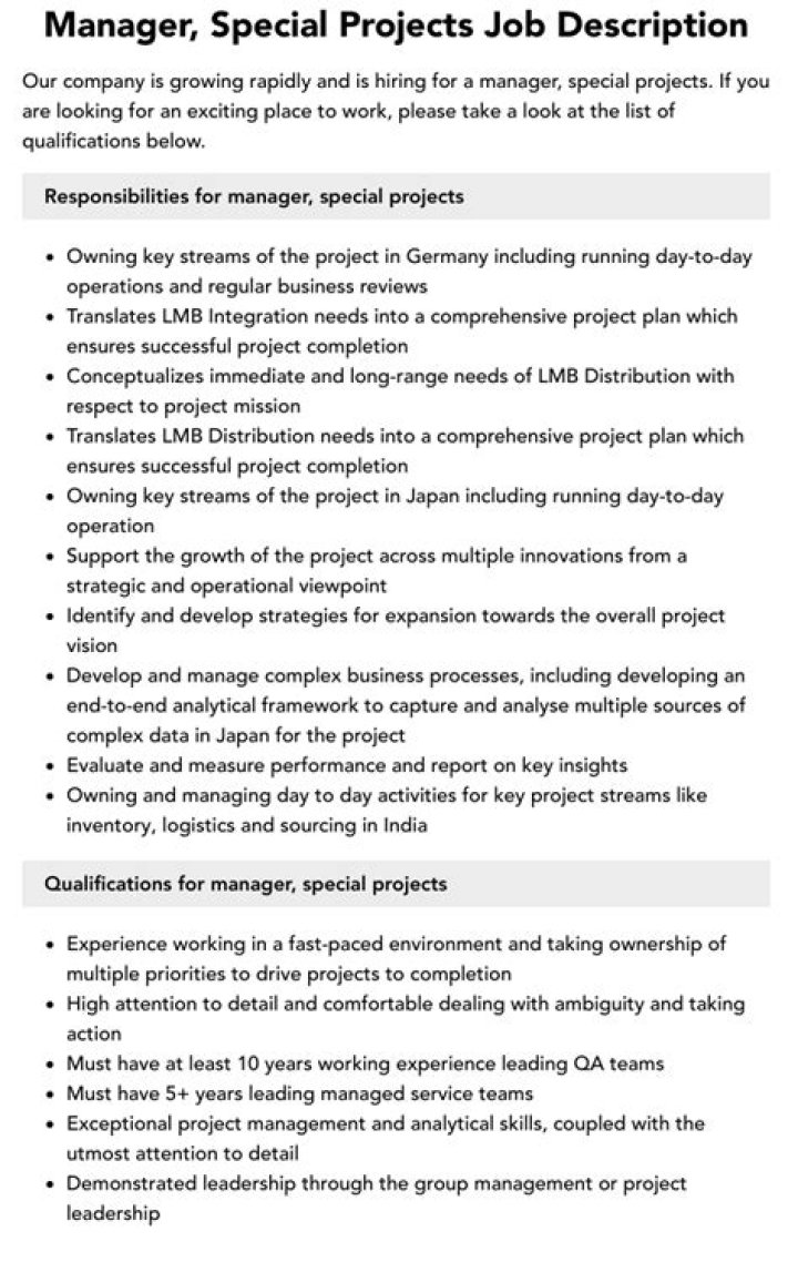 Special Projects Manager Job Description PDF – Full Career Guide