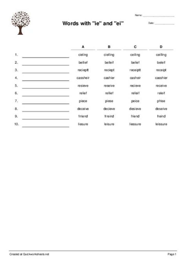 Free Printable IE and EI Spelling Words Worksheets PDF