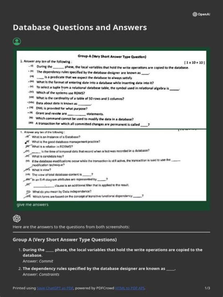 SQL Database Questions and Answers PDF Guide