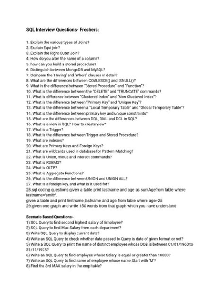 Top SQL Interview Questions for Freshers in PDF Format