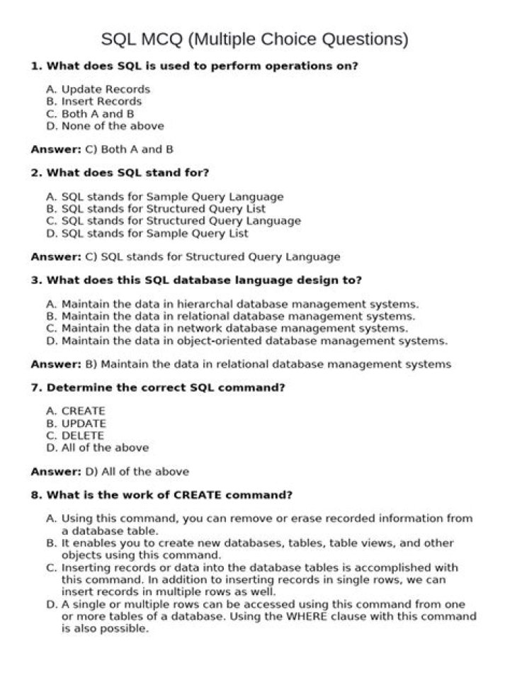 Free SQL MCQ Questions and Answers PDF for Exam Prep