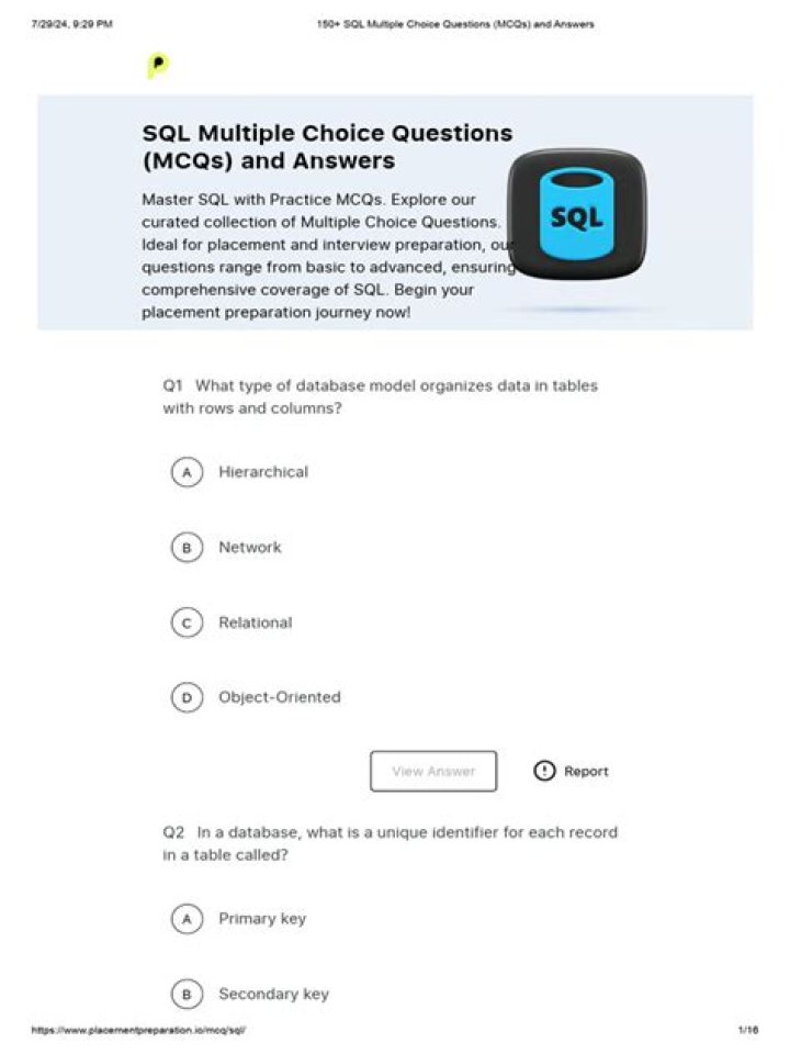 SQL Multiple Choice Questions and Answers PDF: Master Database Skills