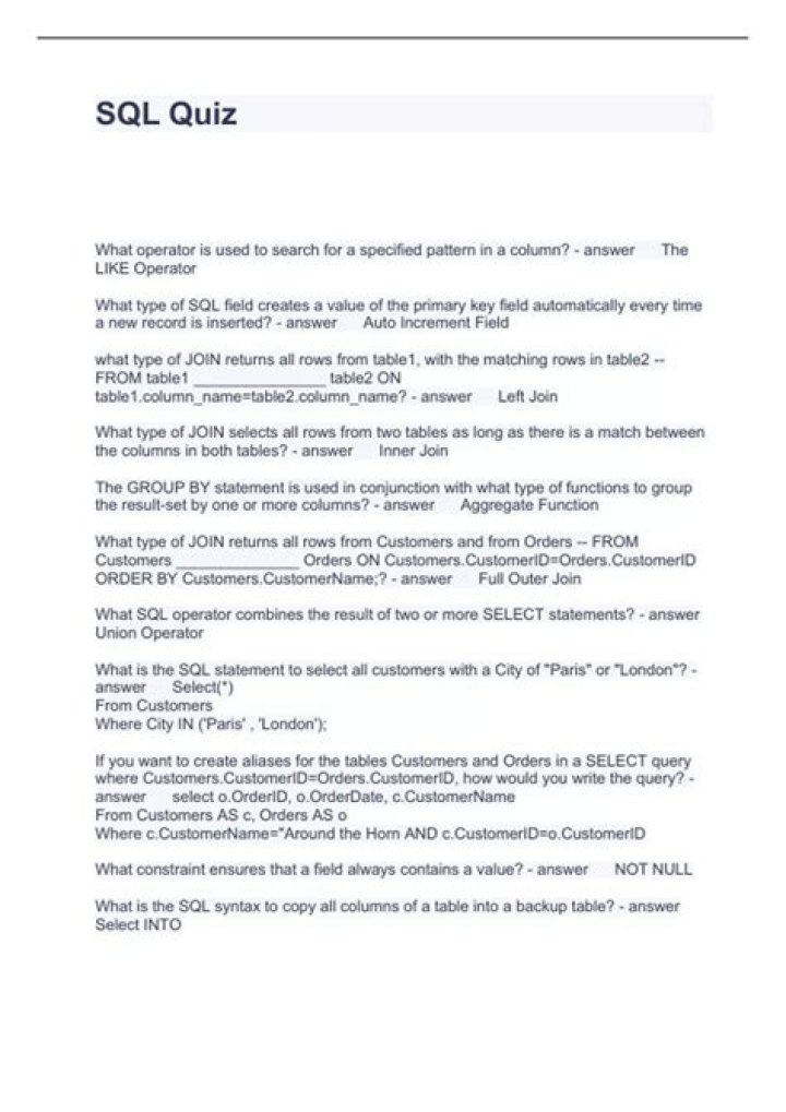 SQL Quiz Questions & Answers PDF for Exam Prep