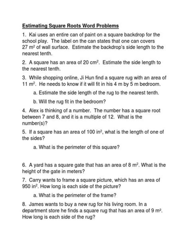 Free Square Roots Word Problems Worksheet PDF for Math Practice