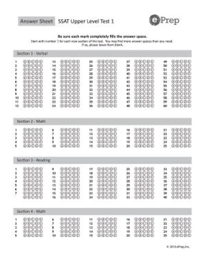 Download Free SSAT Answer Sheet PDF Instantly