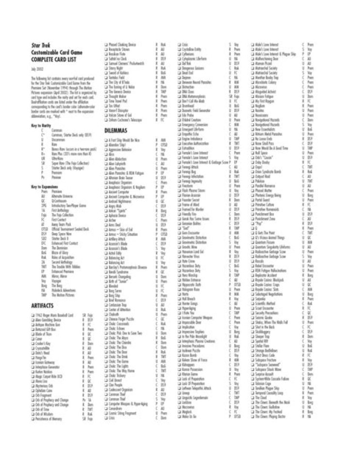 Complete Star Trek CCG Card List PDF – All Unlockable Cards