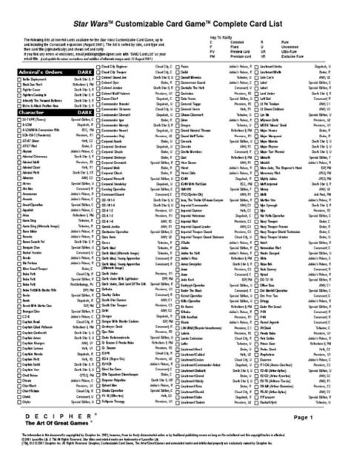 Complete Star Wars CCG Card List PDF – All Known Cards