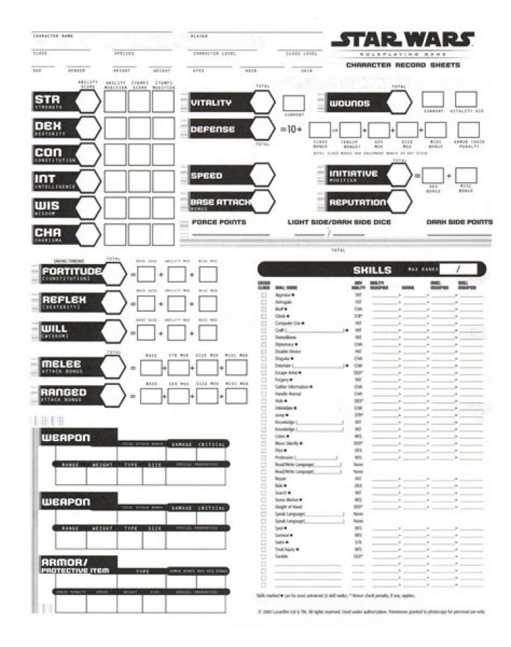 Fillable Star Wars D20 Character Sheet PDF – Print & Use Now