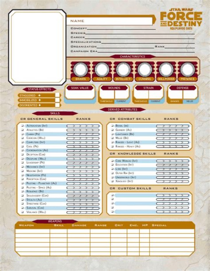 Star Wars Force and Destiny Character Sheet Fillable PDF – Editable Printable