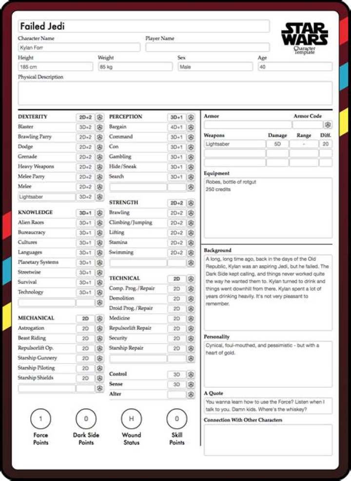 Star Wars Roleplaying Game Saga Edition Character Sheet PDF for Fans