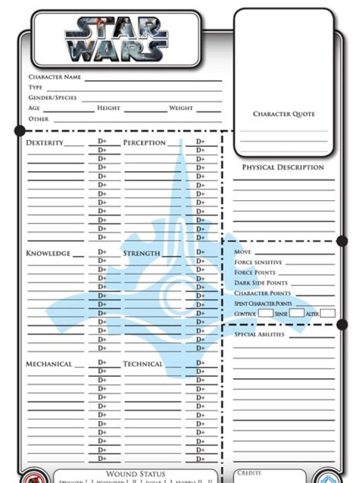 Star Wars RPG Character Sheet Fillable PDF – Instant Download