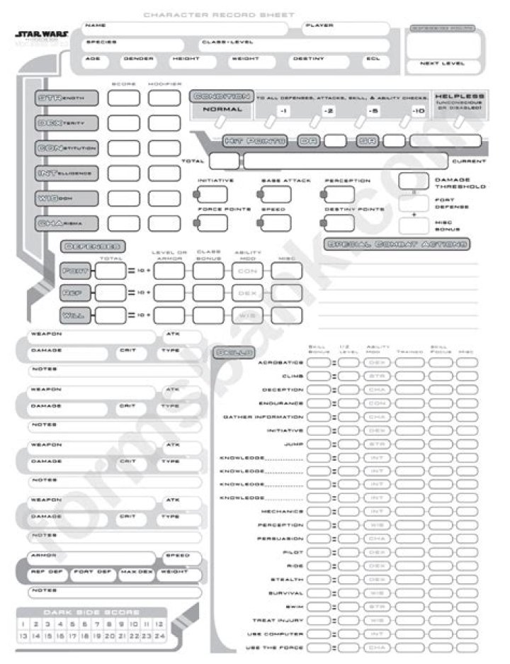 Star Wars Saga Character Sheet Fillable PDF – Print & Customize