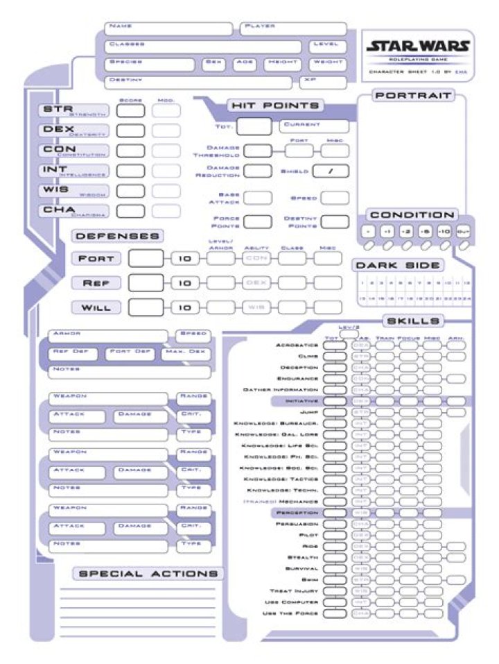 Star Wars Saga Edition Character Sheet Fillable PDF – Download Now