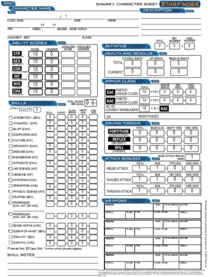 Editable Starfinder Character Sheet PDF – Customize Your Sci-Fi RPG Characters