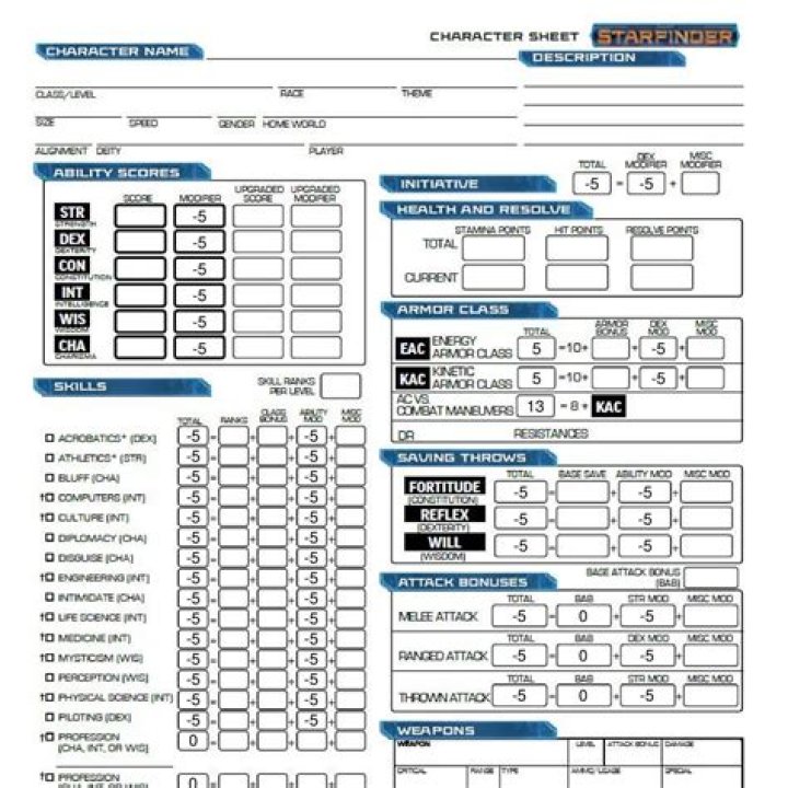 Fillable Starfinder Character Sheet PDF – Instant Download