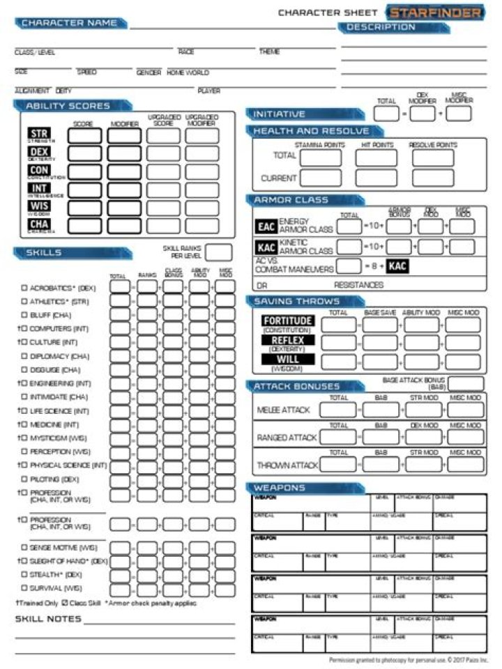 Free Starfinder Character Sheet PDF for Fans