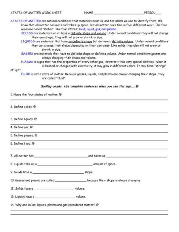 Free High School States of Matter Worksheet in PDF Format