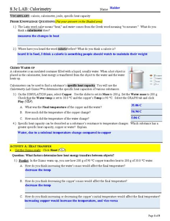 Student Exploration Calorimetry Lab Answer Key PDF – Complete Worksheet