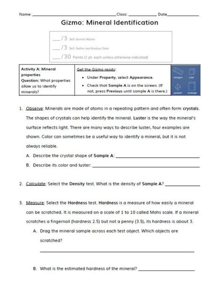 Student Exploration Mineral Identification Gizmo Answer Key PDF with Answers