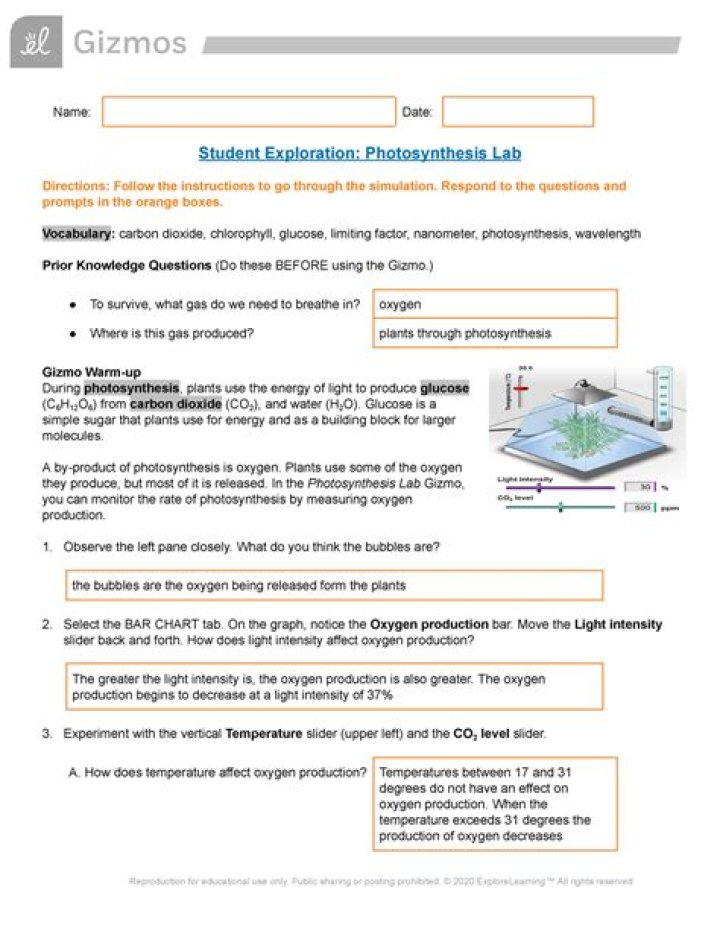 Student Exploration Photosynthesis Lab Gizmo Answer Key PDF