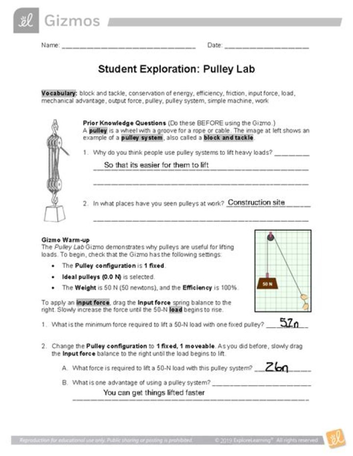 Student Exploration Pulley Lab Gizmo Answer Key PDF