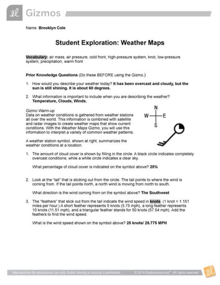 Student Exploration Weather Maps Gizmo Answer Key PDF