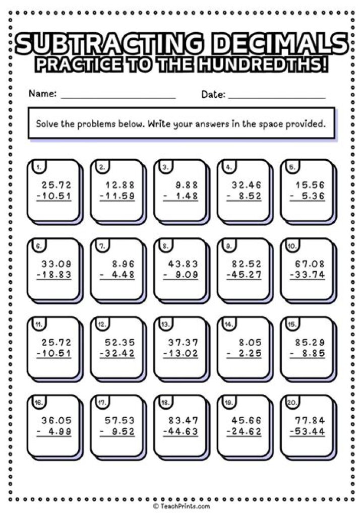 Free Subtracting Decimals Worksheet PDF – Instant Download