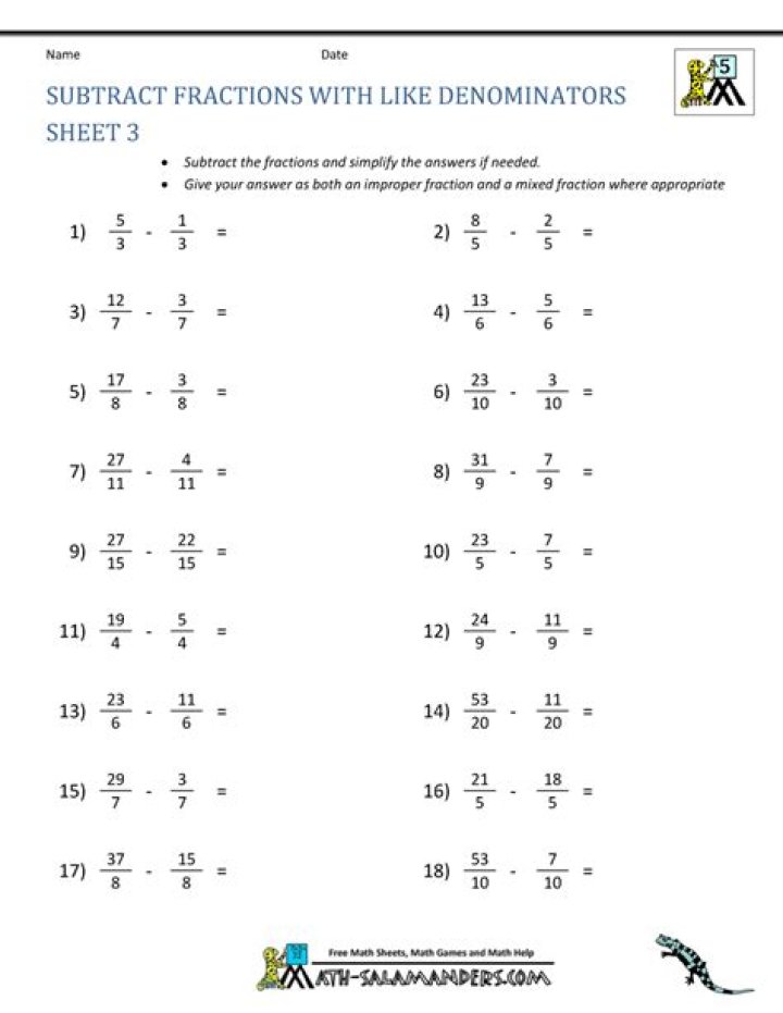 Free Subtracting Fractions with Like Denominators Worksheets PDF