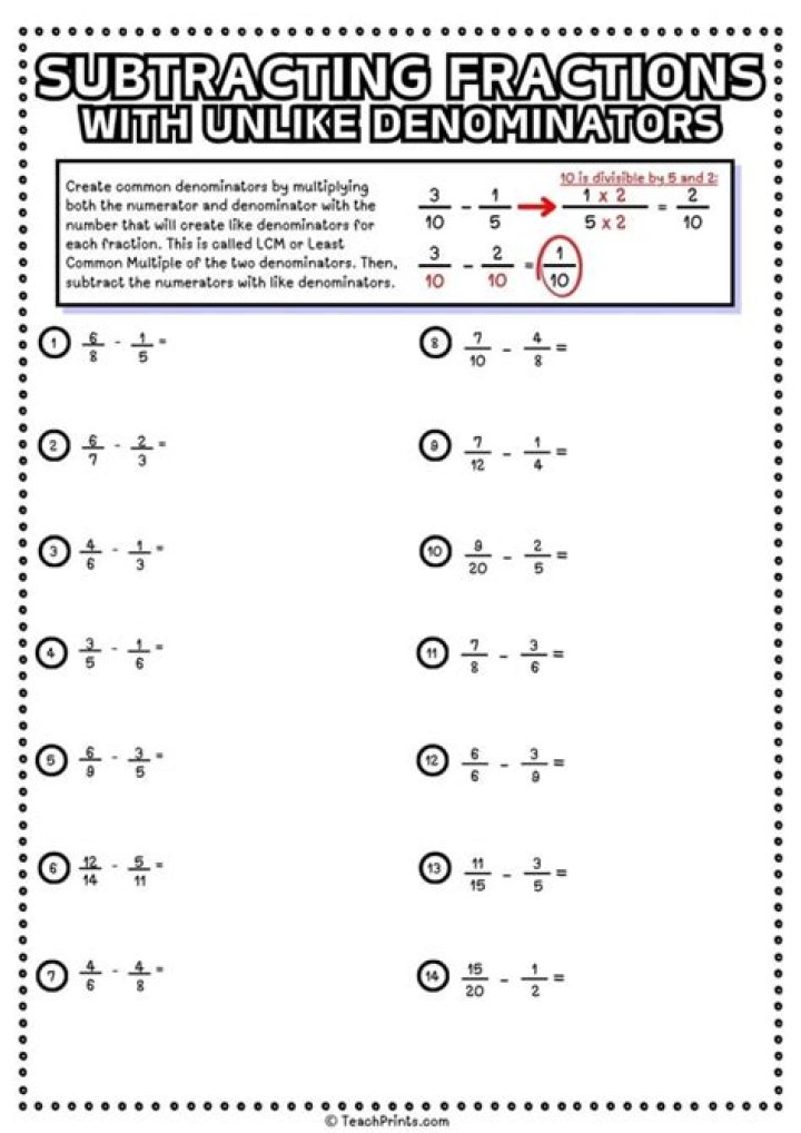 Subtracting Fractions with Unlike Denominators Worksheet PDF – Practice PDF