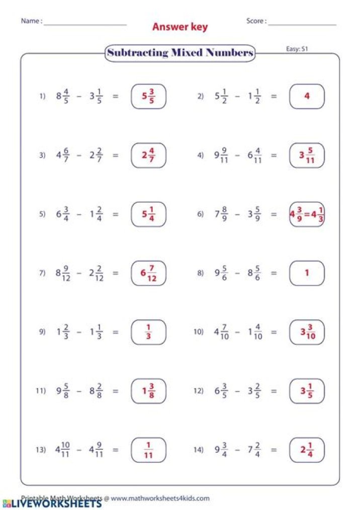 Subtracting Mixed Numbers with Like Denominators Worksheet PDF