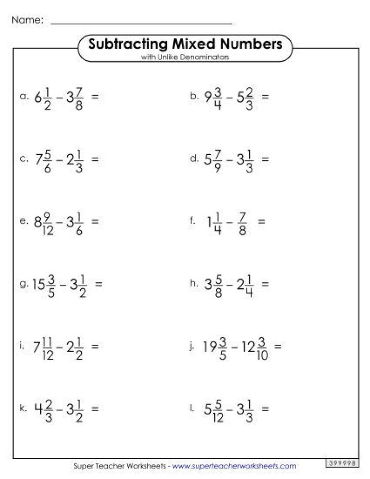 Free PDF Worksheet: Subtracting Mixed Numbers with Unlike Denominators