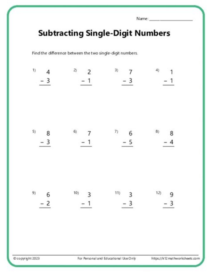 Free Subtraction Single Digit Worksheets PDF for Easy Practice