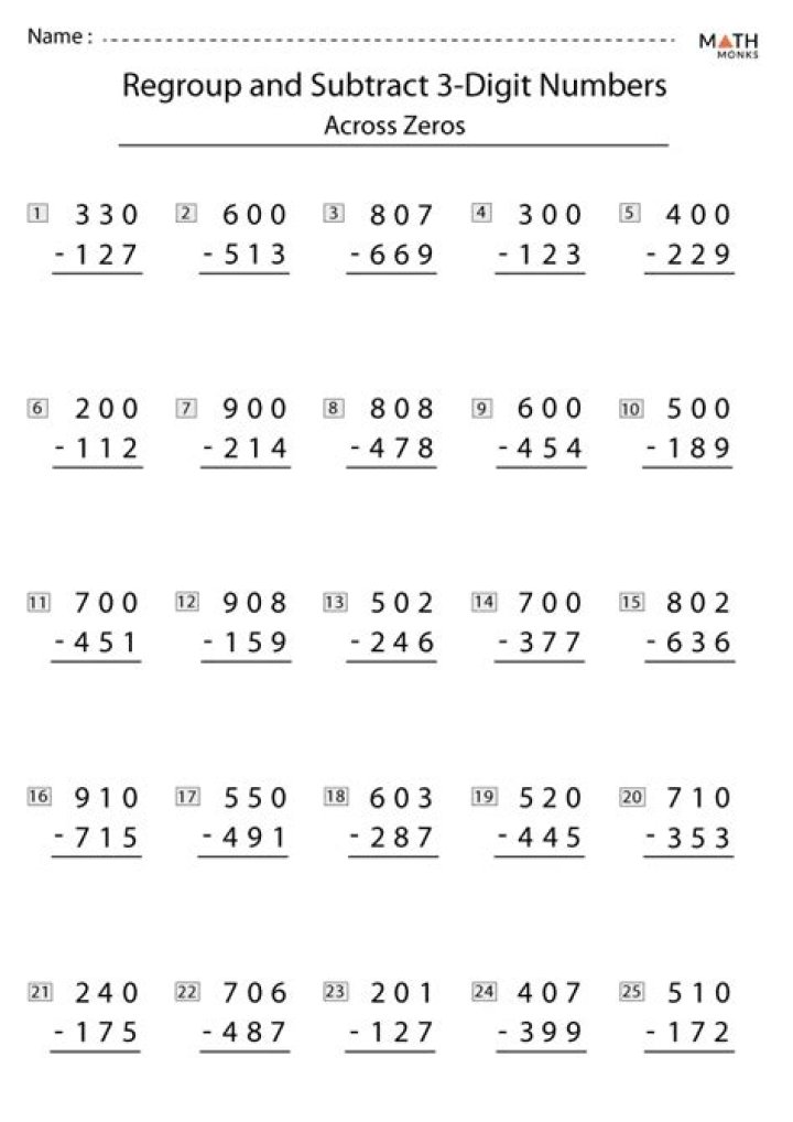 Subtraction with Regrouping Zeros Worksheets PDF – Easy Practice Files