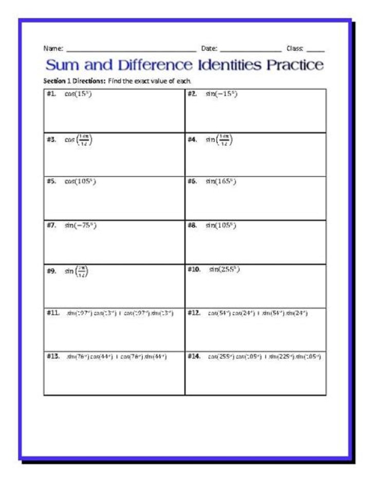 Sum and Difference Identities Worksheet with Answers PDF – Instant Download