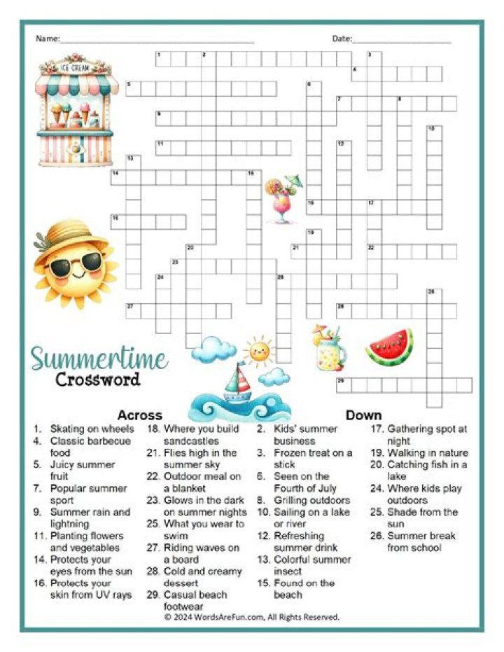 Summer Crossword Puzzle with Answers PDF Download