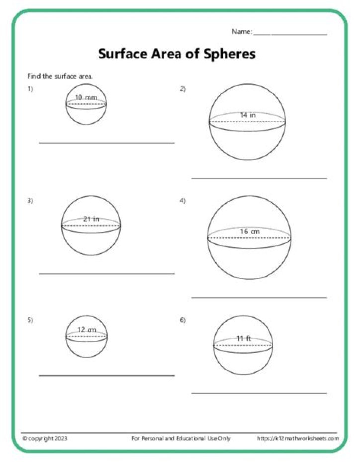 Surface Area of a Sphere Worksheet PDF for Math Practice