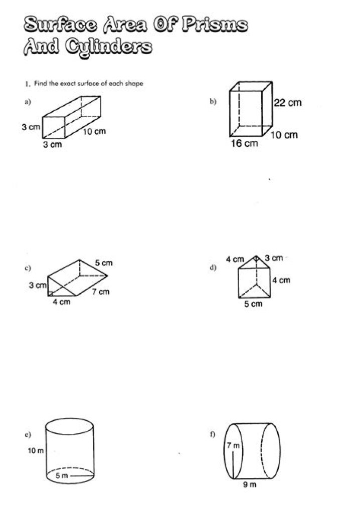 Practice Worksheets: Surface Area of Prisms and Cylinders PDF