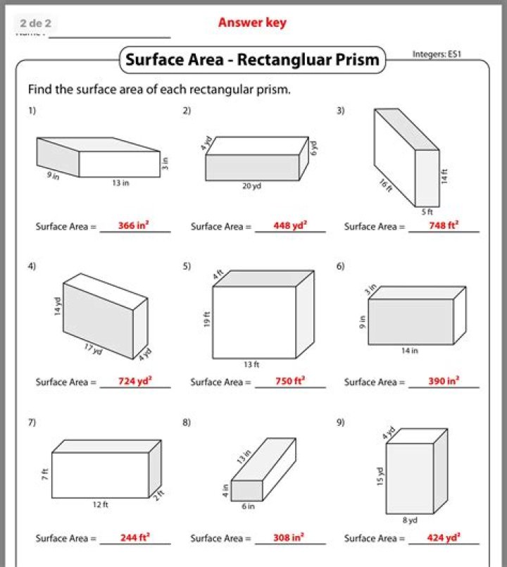Free Surface Area Rectangular Prism Worksheet Answer Key PDF